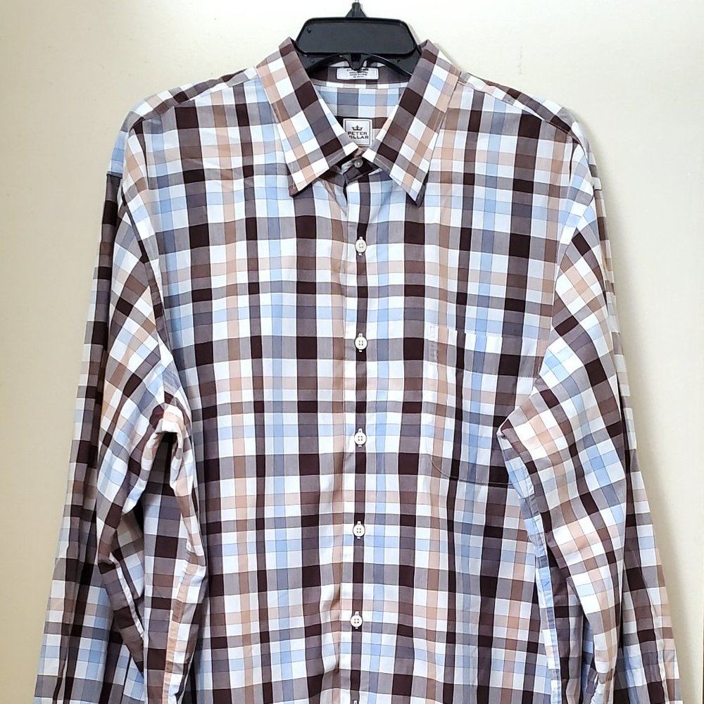 Peter Millar Mens Blue White Brown XL Plaid Long Sleeve Button Down Shirt